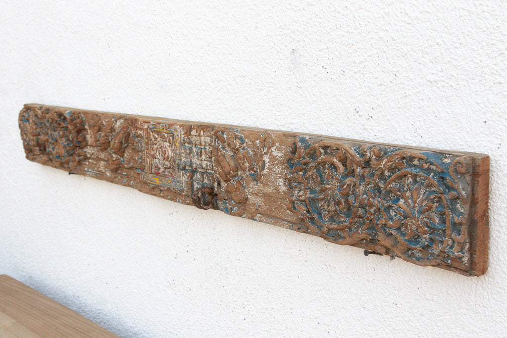 Rare Blue Polychrome Carved Indian Lintel