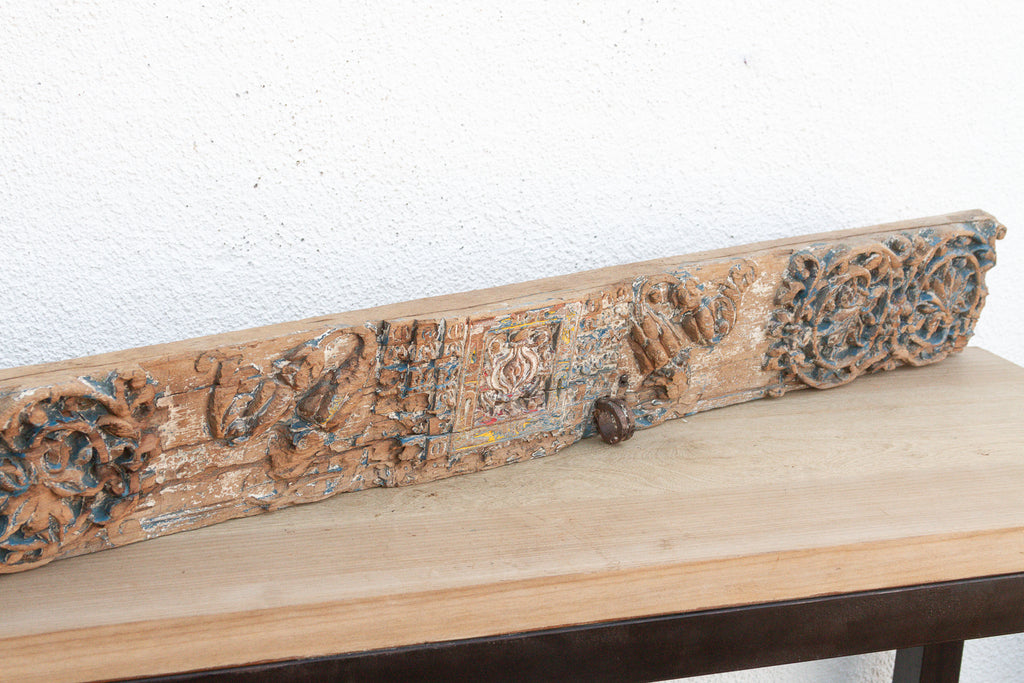 Rare Blue Polychrome Carved Indian Lintel