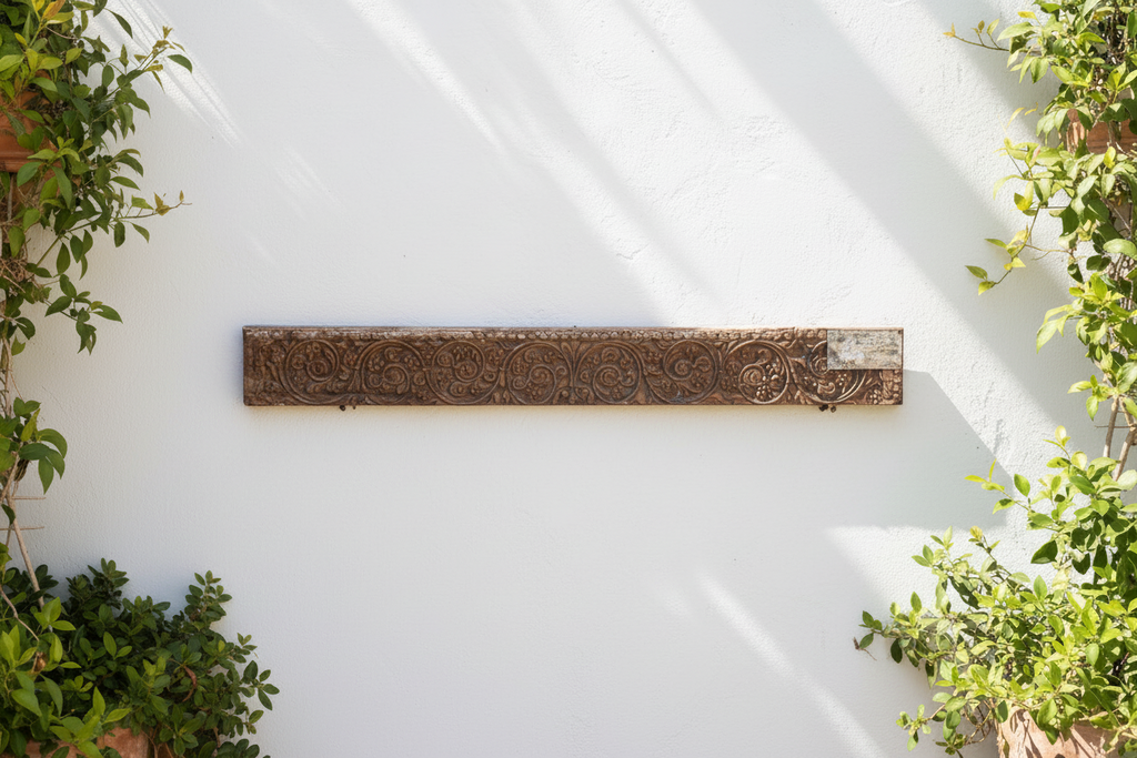 Antique Wabi Sabi Carved Lintel w/Metal Plate