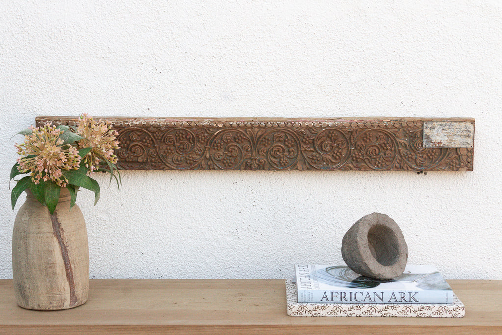 Antique Wabi Sabi Carved Lintel w/Metal Plate