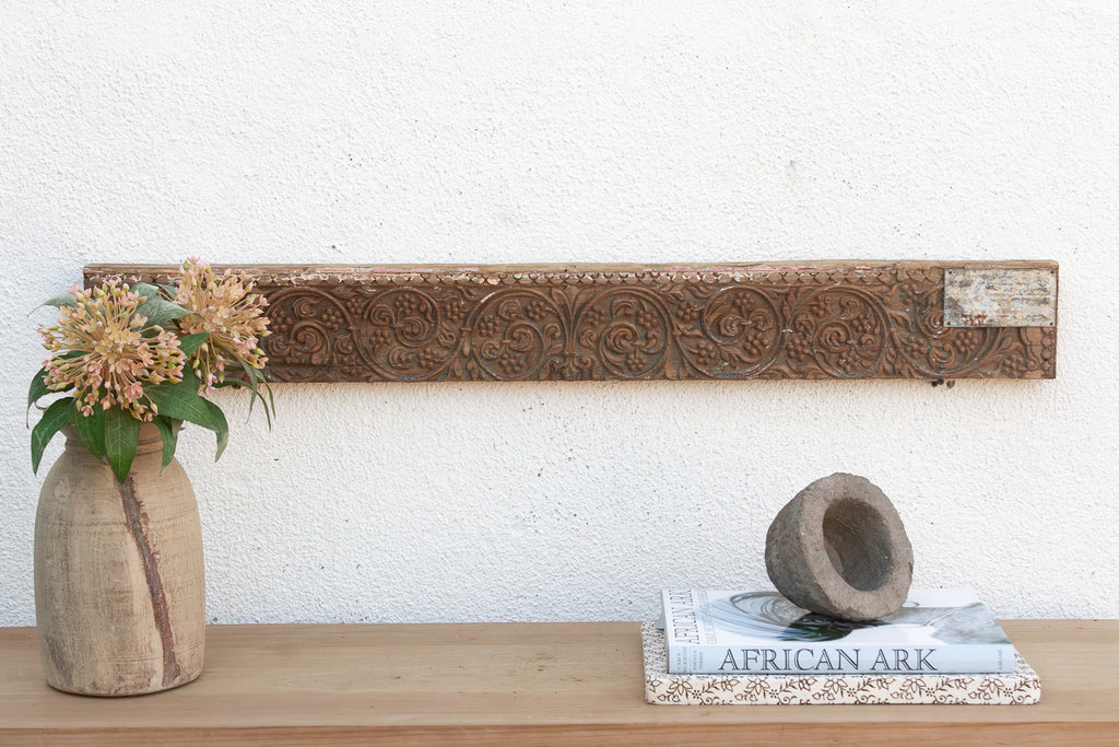Antique Wabi Sabi Carved Lintel w/Metal Plate