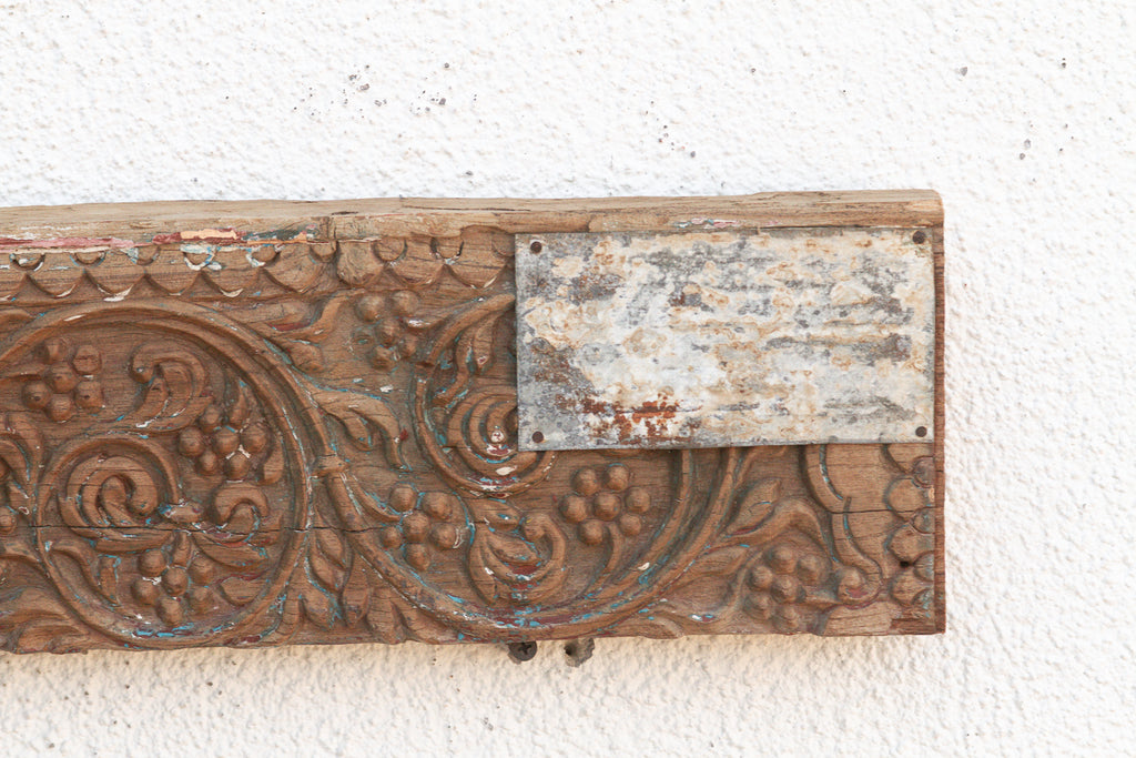 Antique Wabi Sabi Carved Lintel w/Metal Plate