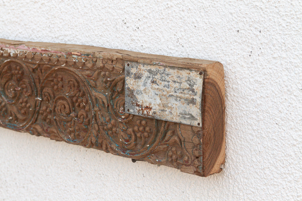 Antique Wabi Sabi Carved Lintel w/Metal Plate