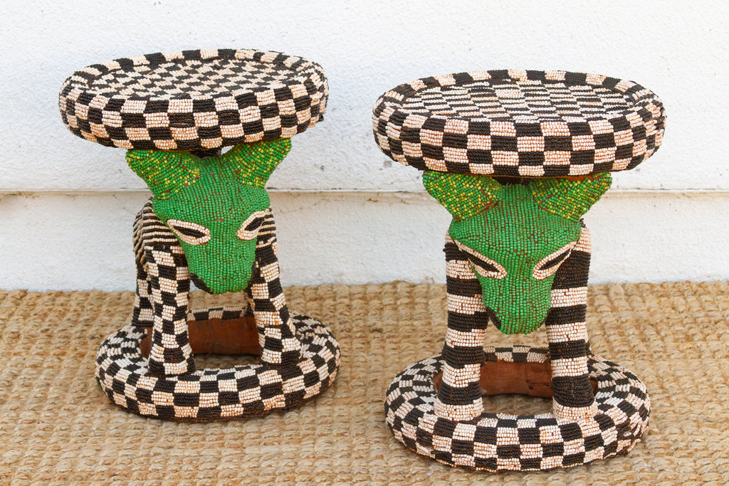 Pair of Vintage Beaded Bamileke Leopard Stools (Trade)