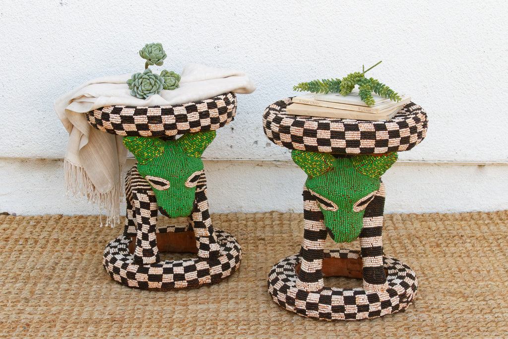 Pair of Vintage Beaded Bamileke Leopard Stools (Trade)
