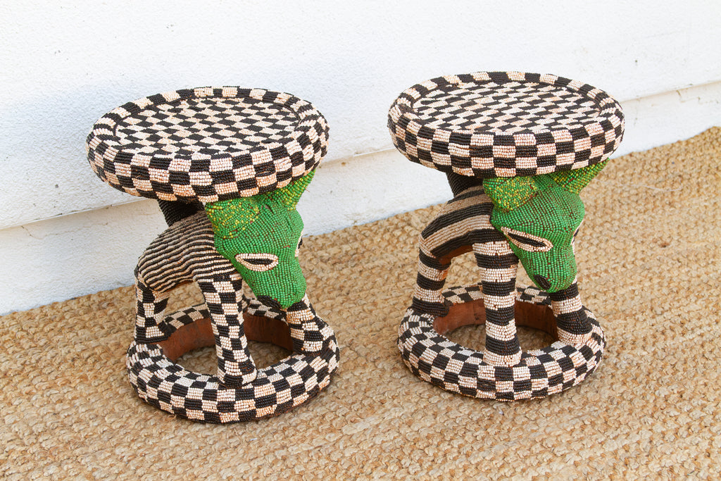 Pair of Vintage Beaded Bamileke Leopard Stools (Trade)