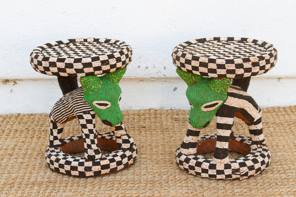 Pair of Vintage Beaded Bamileke Leopard Stools (Trade)