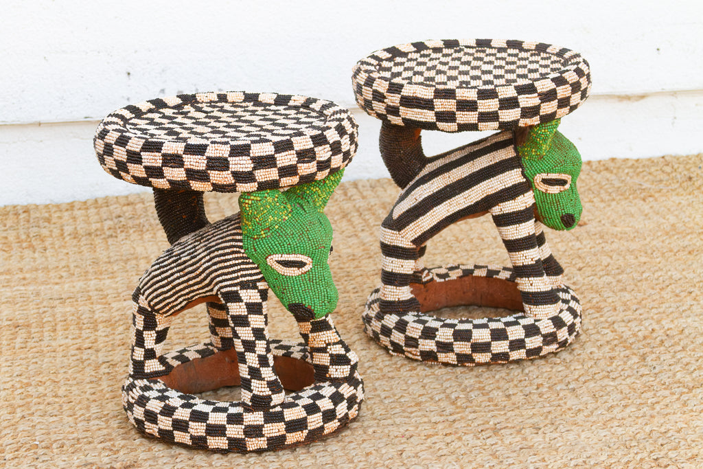 Pair of Vintage Beaded Bamileke Leopard Stools (Trade)