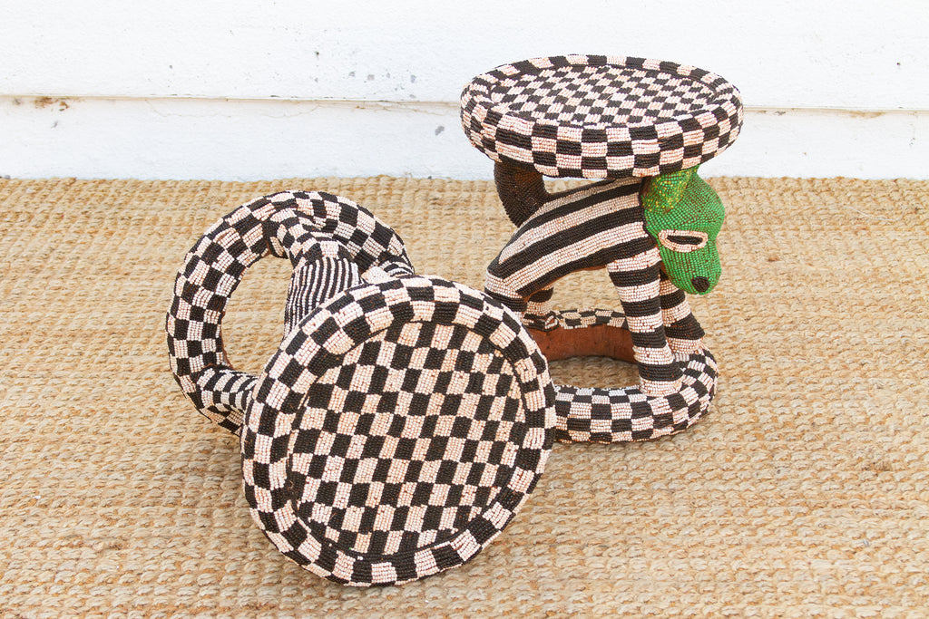 Pair of Vintage Beaded Bamileke Leopard Stools (Trade)