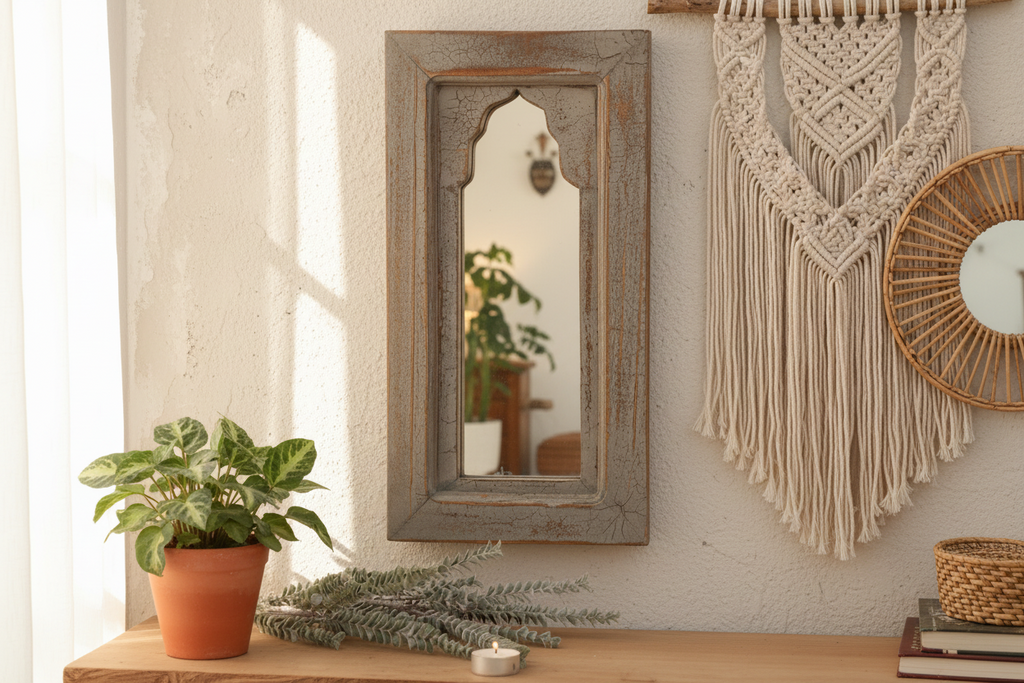 Boho Slate Gray Indian Arched Mirror