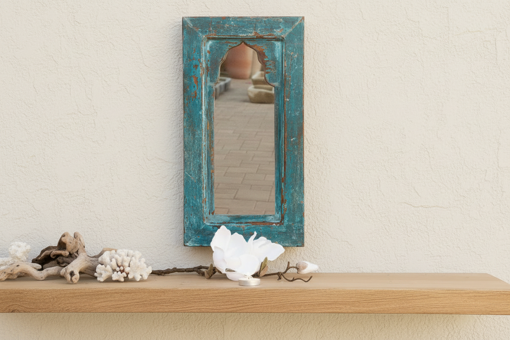 Vibrant Turquoise Indian Arched Mirror (Trade)