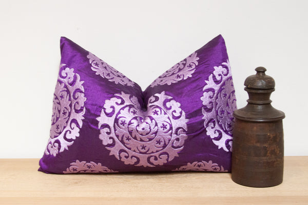 French Violet Silk Suzani Pillow Cover