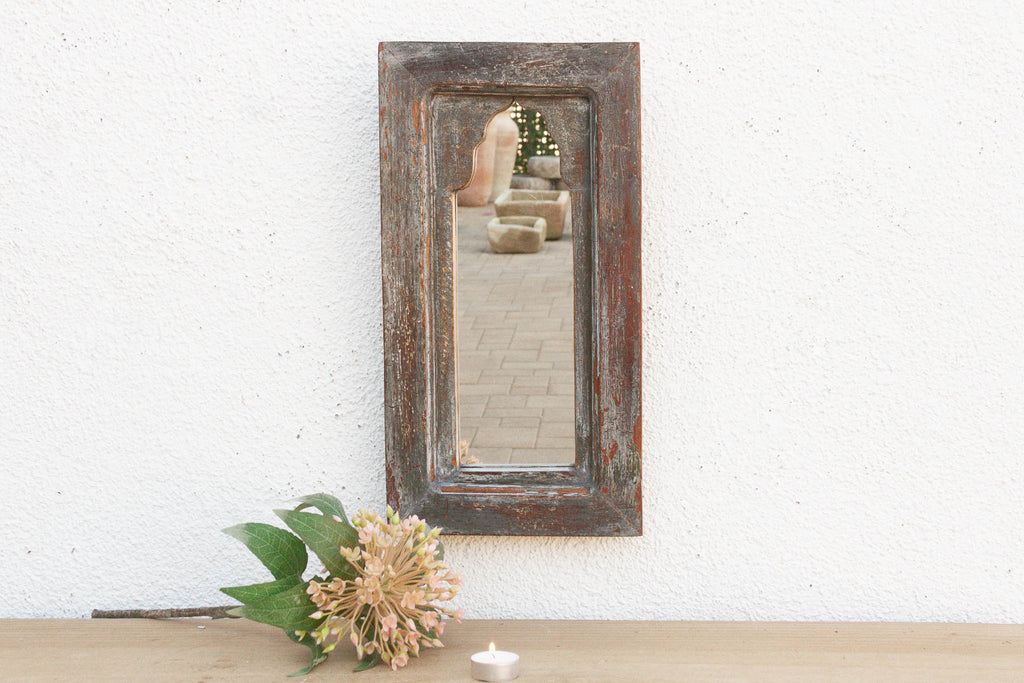 Weathered Stone Charcoal Indian Arched Mirror