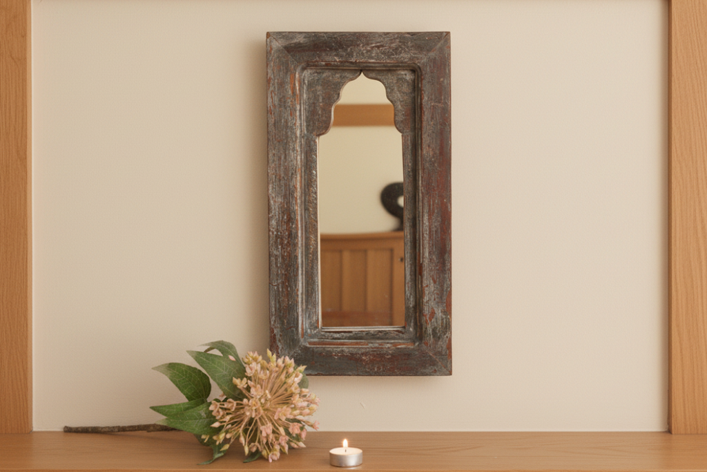 Weathered Stone Charcoal Indian Arched Mirror (Trade)