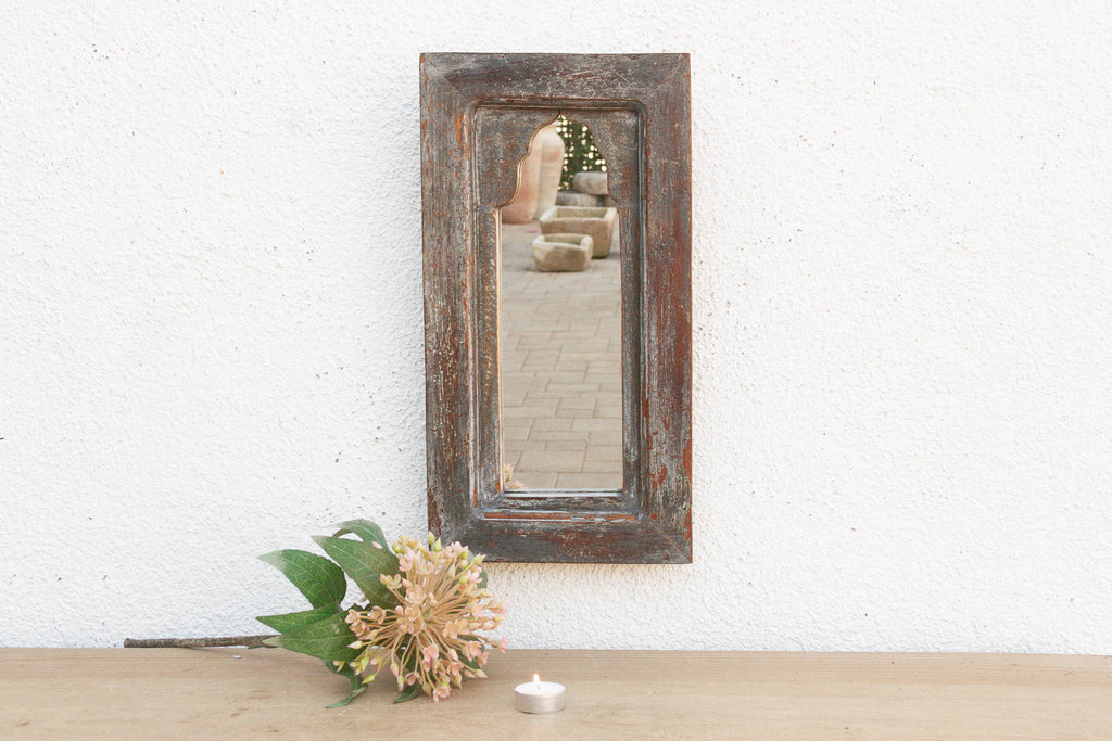 Weathered Stone Charcoal Indian Arched Mirror