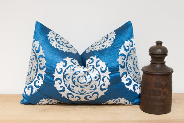 Bondi Blue Silk Suzani Pillow Cover