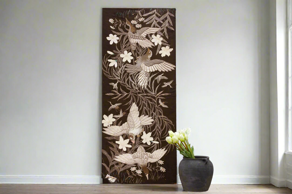 Mid-Century Embroidered Flying Birds Textile Art (Trade)
