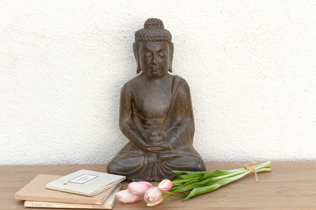 Patinated Waxed Gray Carved Stone Buddha