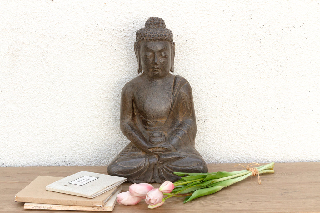 Patinated Waxed Gray Carved Stone Buddha