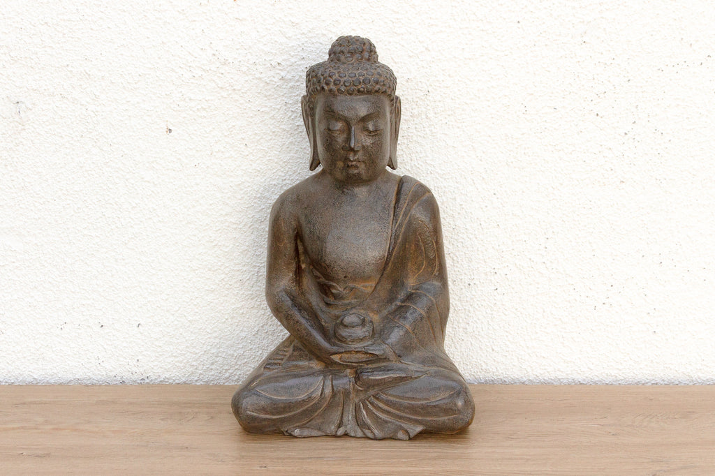 Patinated Waxed Gray Carved Stone Buddha