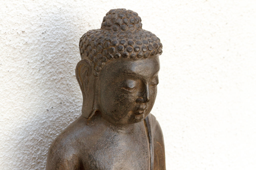 Patinated Waxed Gray Carved Stone Buddha