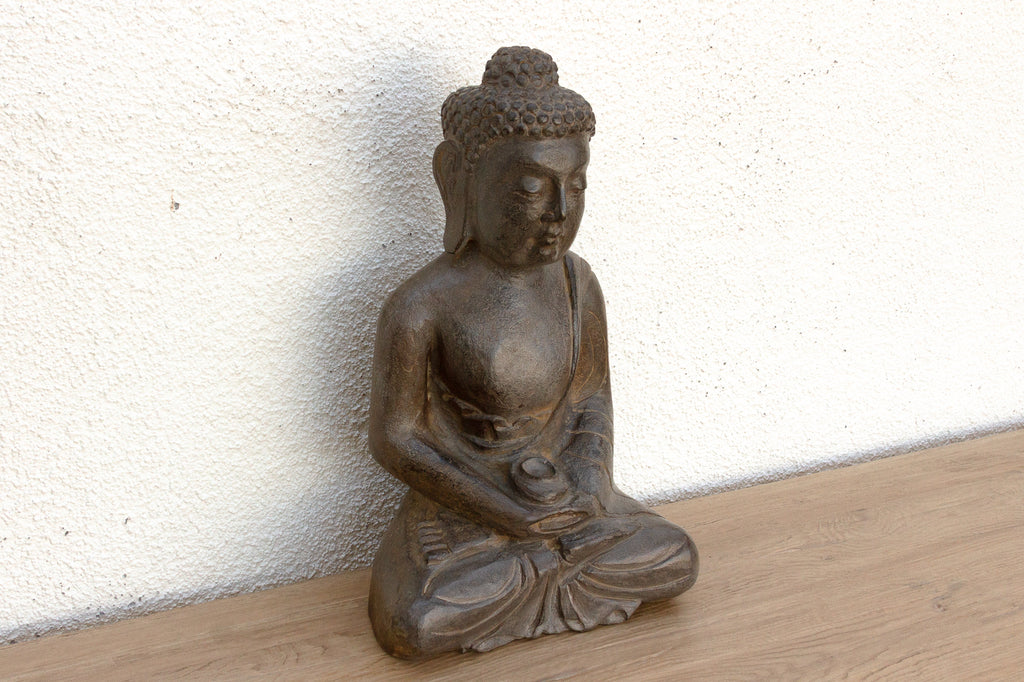 Patinated Waxed Gray Carved Stone Buddha