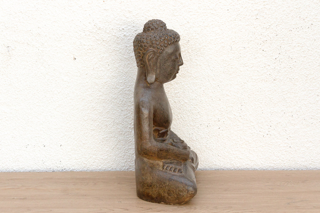 Patinated Waxed Gray Carved Stone Buddha