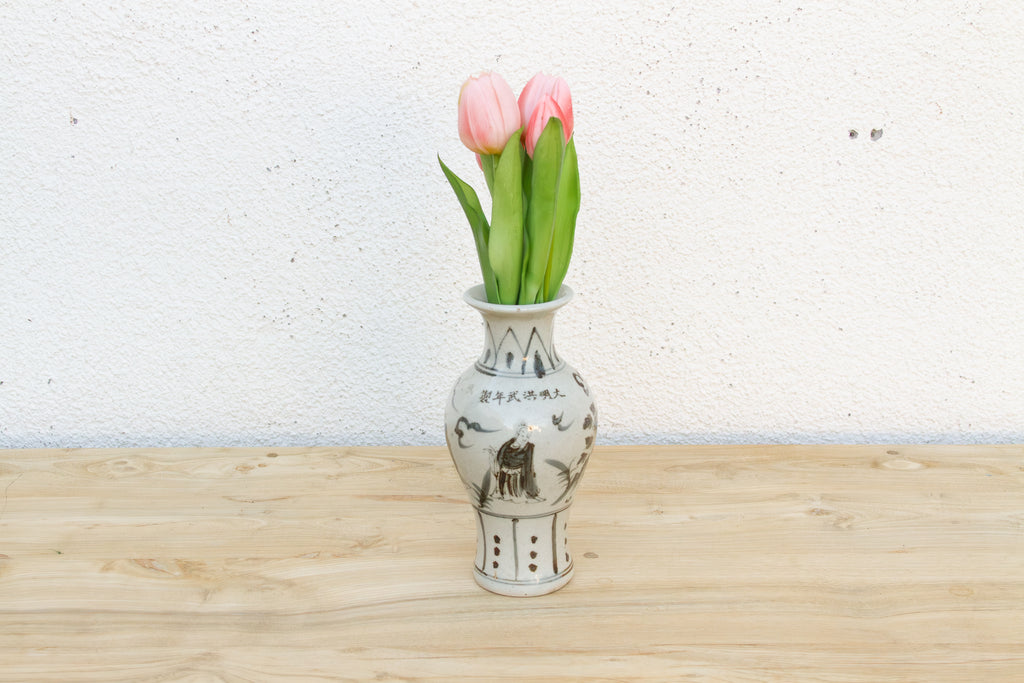 Vietnamese Black & White Birds in Flight Vase