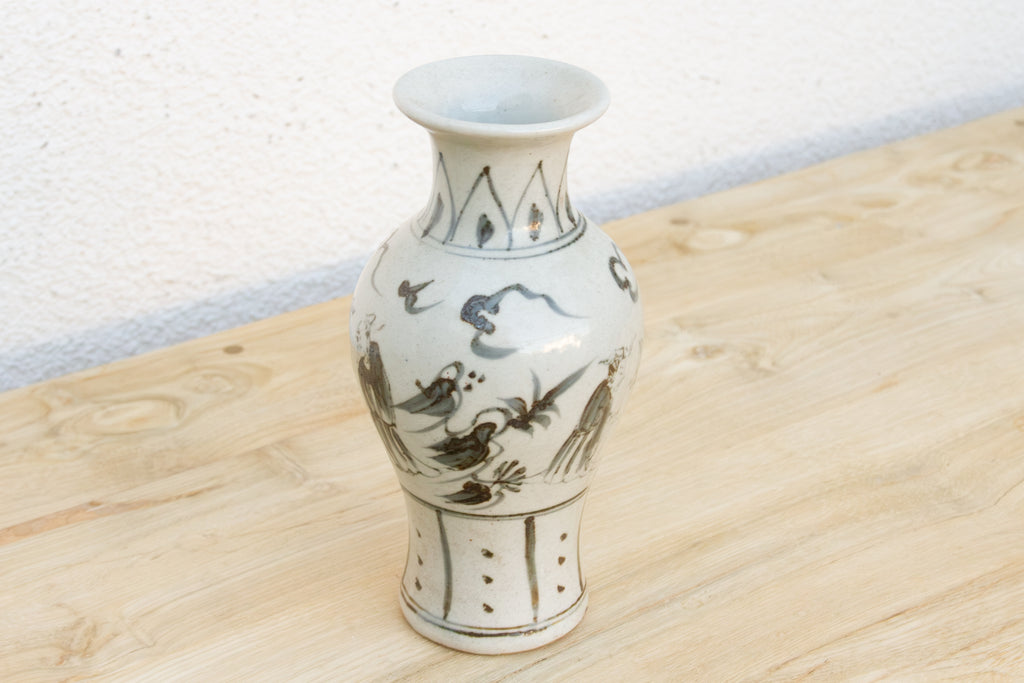 Vietnamese Black & White Birds in Flight Vase