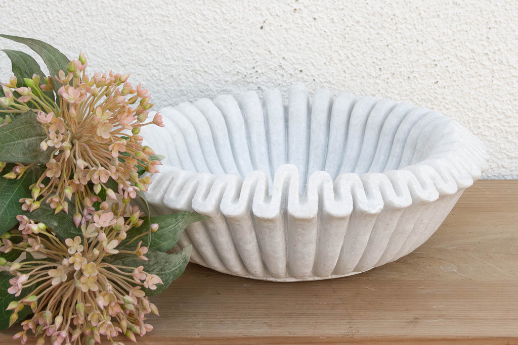 Large Hand-Carved Ripple Marble Bowl