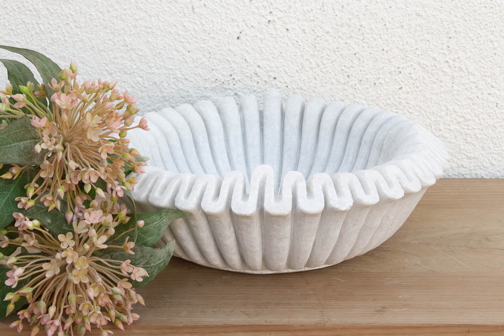 Large Hand-Carved Ripple Marble Bowl