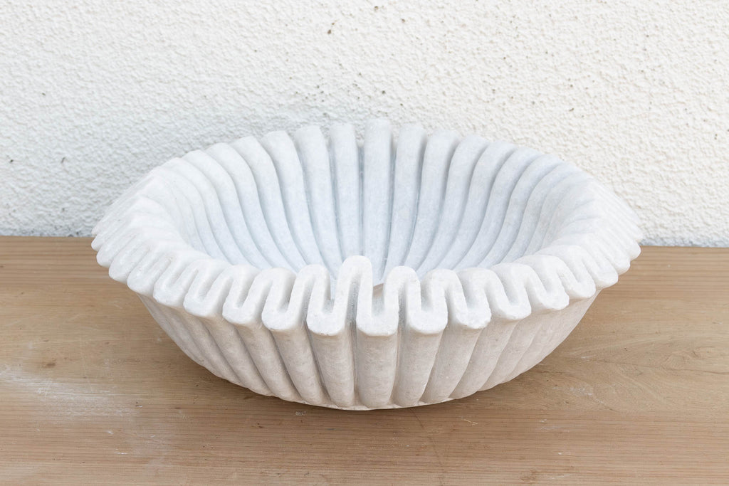 Large Hand-Carved Ripple Marble Bowl