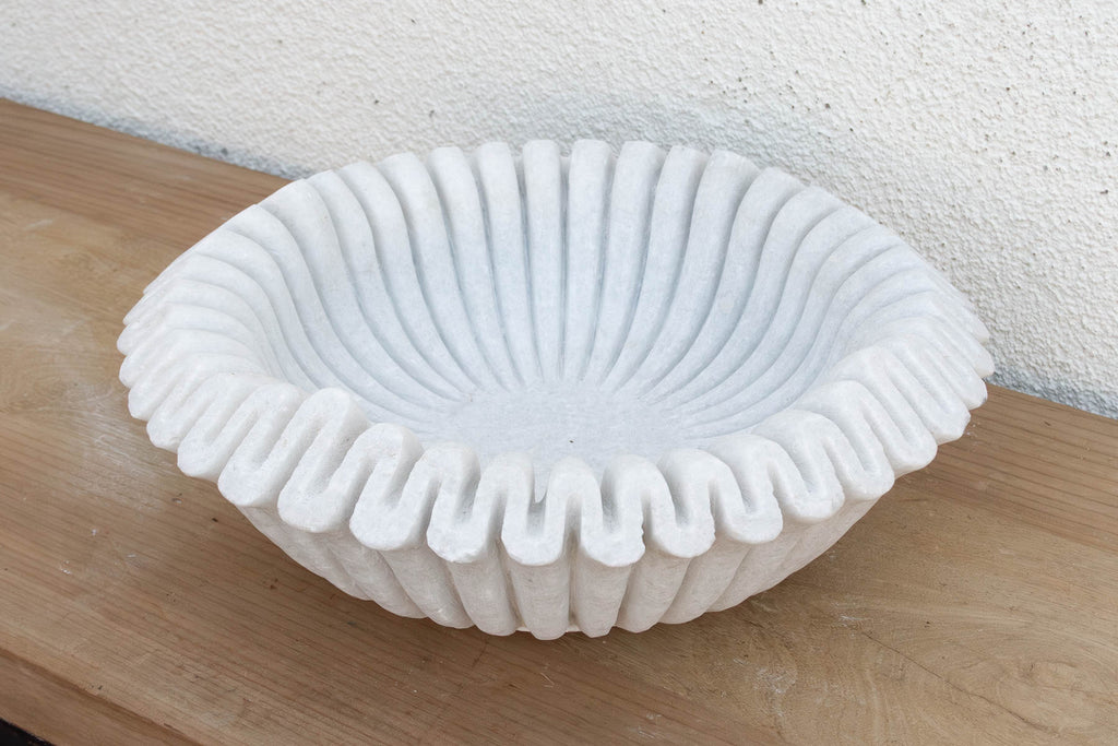 Large Hand-Carved Ripple Marble Bowl