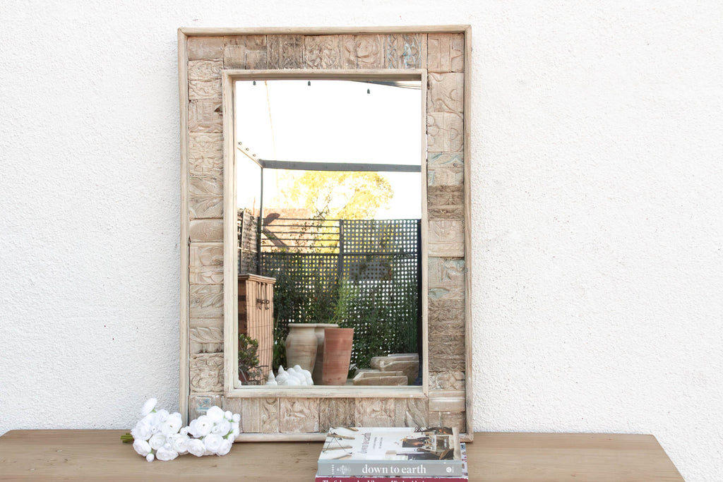 Carved Bleached Wood Tribal Mirror (Trade)