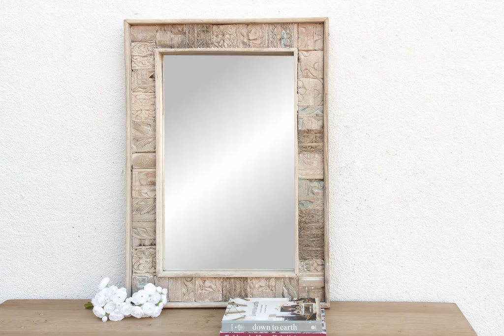 Carved Bleached Wood Tribal Mirror