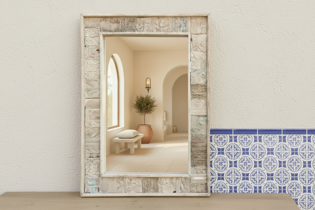 Carved Bleached Wood Tribal Mirror (Trade)