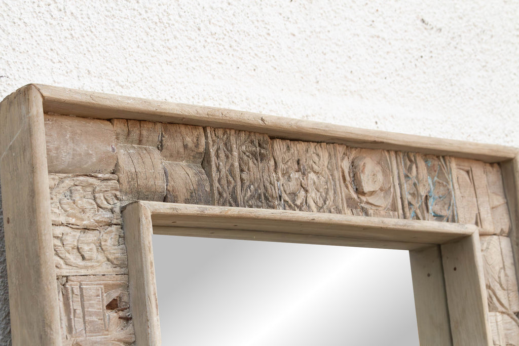 Carved Bleached Wood Tribal Mirror