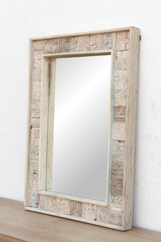 Carved Bleached Wood Tribal Mirror (Trade)
