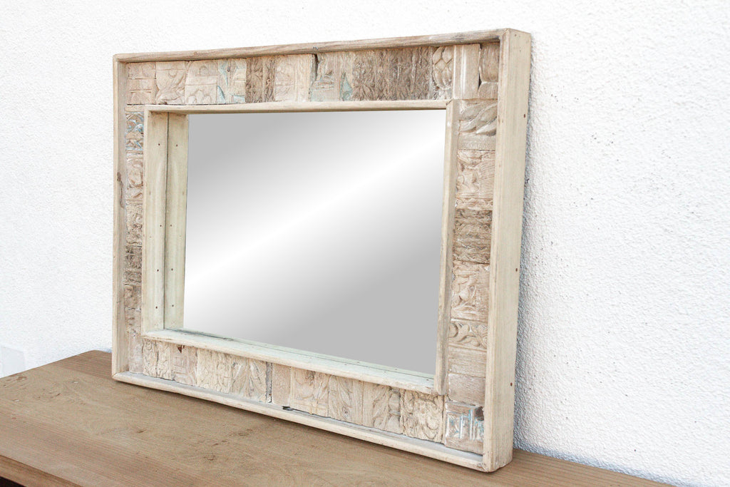 Carved Bleached Wood Tribal Mirror