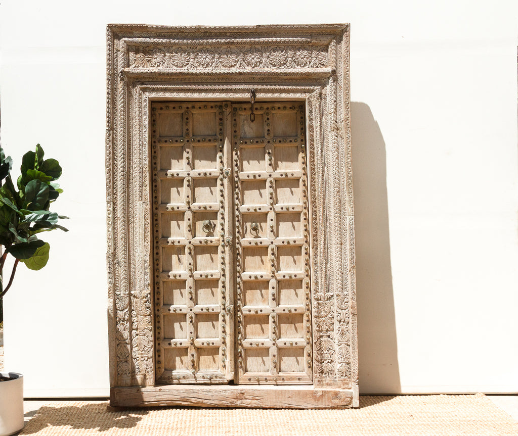 Sunbleached Teak Rajasthani Fort Door w/ Brass Studs