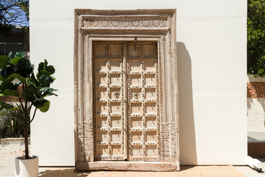 Sunbleached Teak Rajasthani Fort Door w/ Brass Studs
