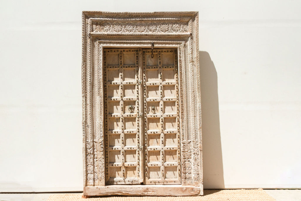 Sunbleached Teak Rajasthani Fort Door w/ Brass Studs