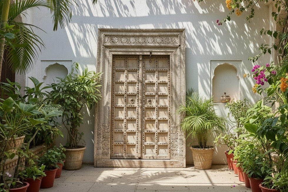 Sunbleached Teak Rajasthani Fort Door w/ Brass Studs