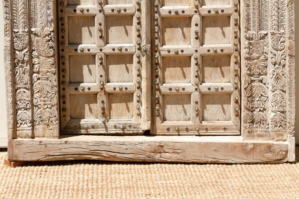 Sunbleached Teak Rajasthani Fort Door w/ Brass Studs