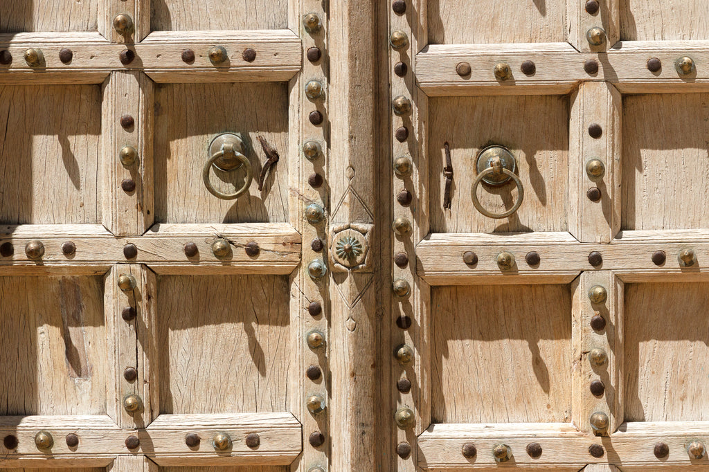 Sunbleached Teak Rajasthani Fort Door w/ Brass Studs