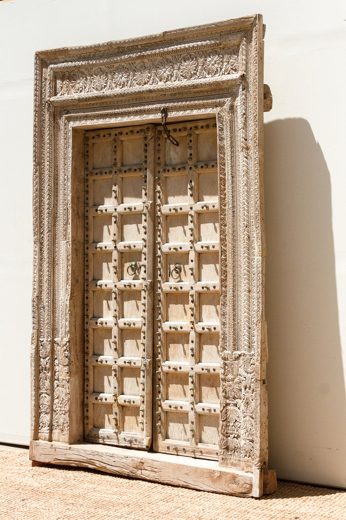 Sunbleached Teak Rajasthani Fort Door w/ Brass Studs