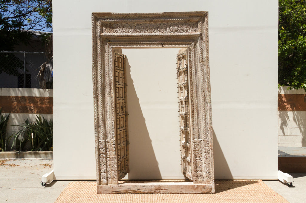 Sunbleached Teak Rajasthani Fort Door w/ Brass Studs