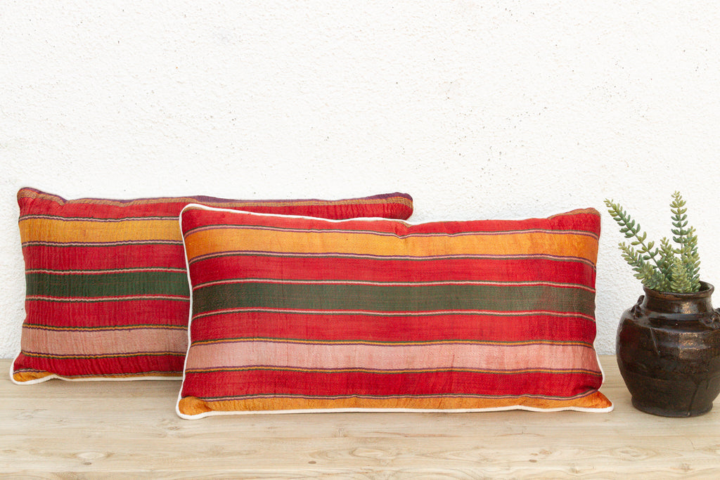 Pair of Bhuj Striped Mashru Lumbar Pillows (Trade)