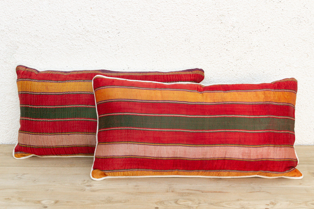 Pair of Bhuj Striped Mashru Lumbar Pillows (Trade)