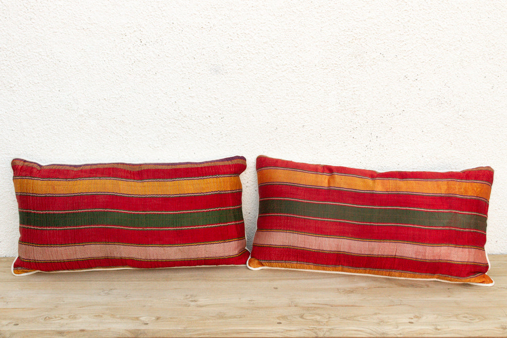 Pair of Bhuj Striped Mashru Lumbar Pillows (Trade)